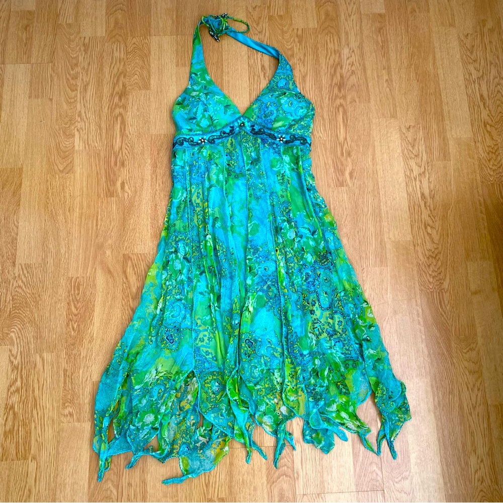 [SOLD] Vintage Sue Wong 100% Silk Green Halter Handkerchief Dress Beaded Size M